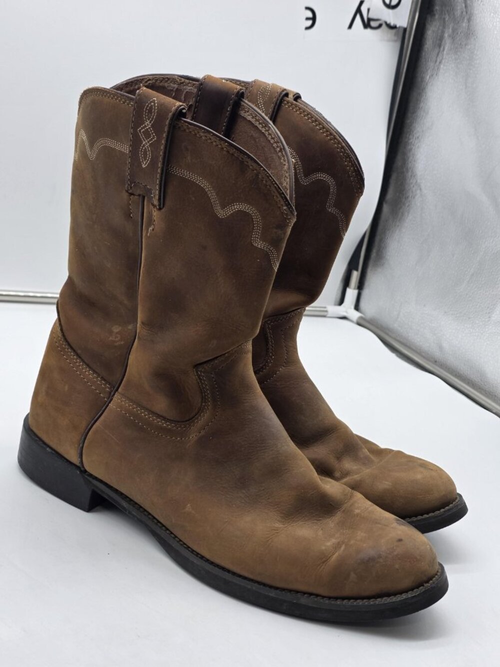 Justin Boots 3902 Boots Mens 11D Brown Leather Western Work Pull On Damaged